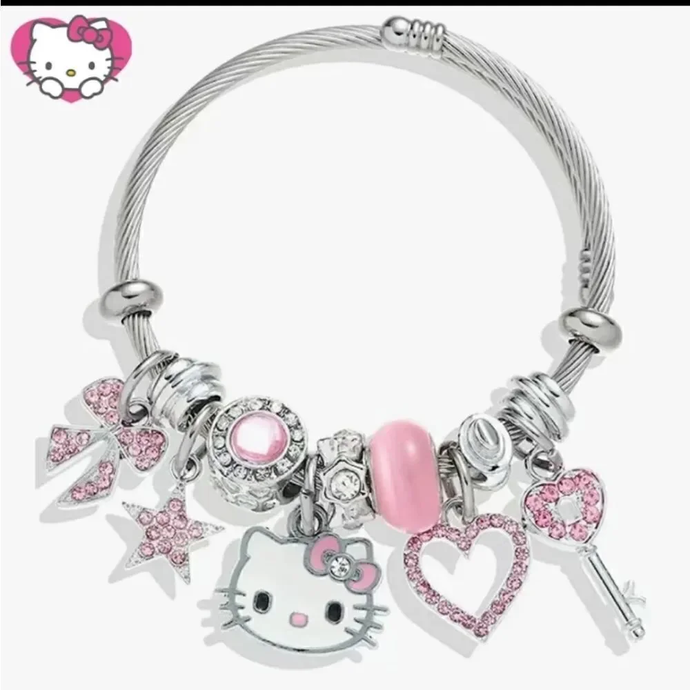 Hello Kitty Charm Pendant Silver & Pink Tone Bangle Bracelet